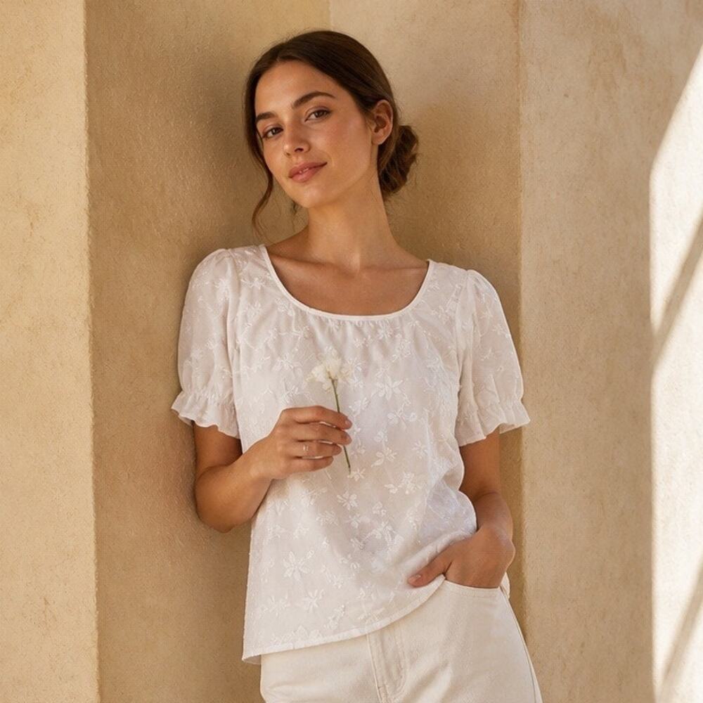 Embroidered Floral Short Sleeve White Peasant Top Womens Large Fairy Boho Beachy